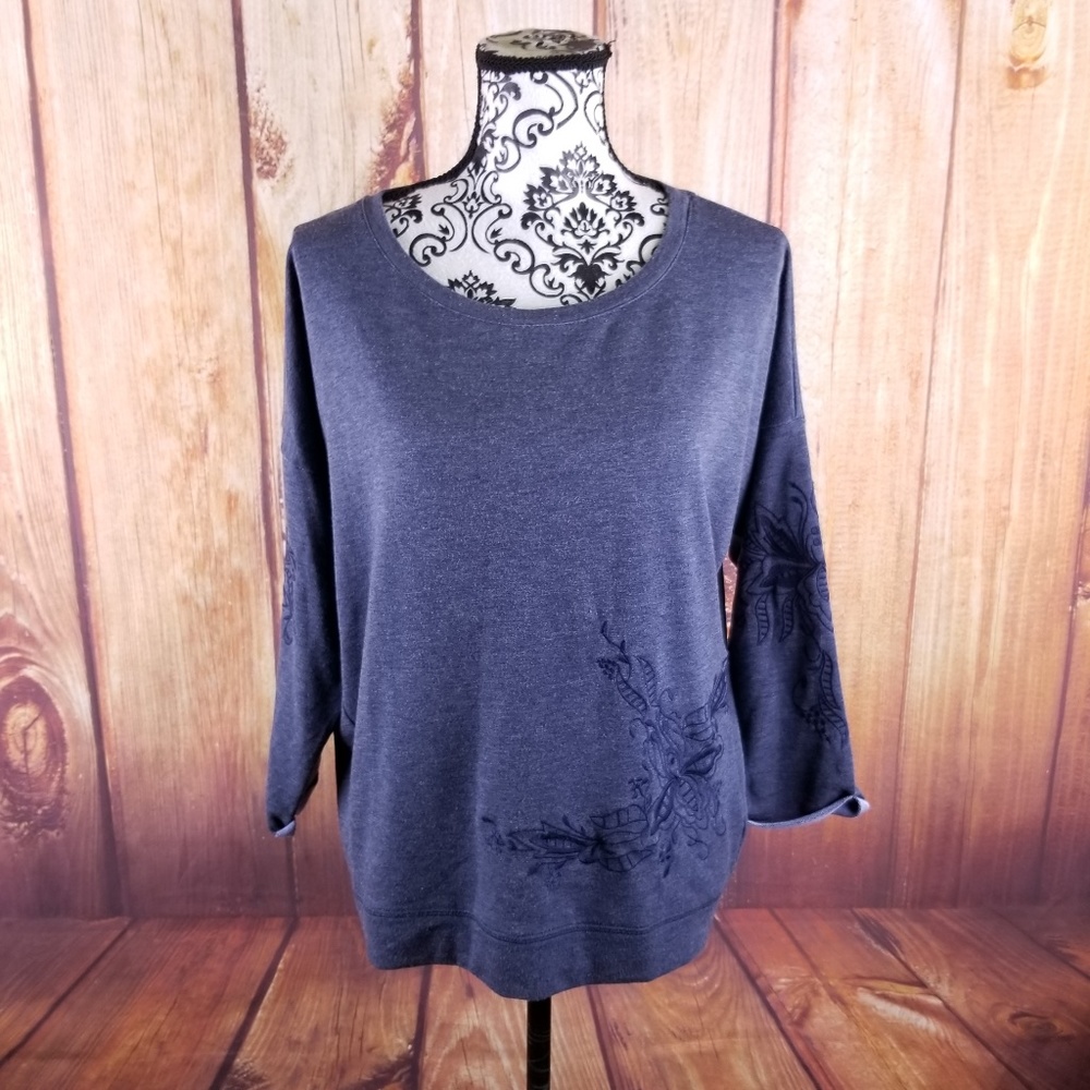 Cato Blue 3/4 Sleeve Embroidered Butterfly Top